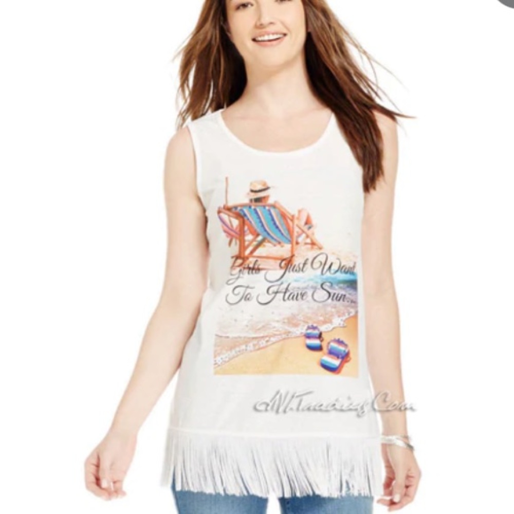 ❤️3X20 STYLE & CO. SLEEVELESS GRAPHIC-PRINT FRINGE "GIRL JUST WANT TO HA…